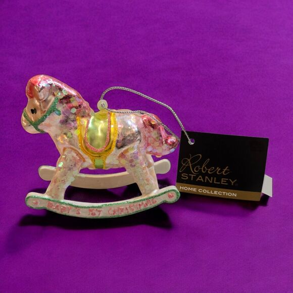 NEW 2011 Robert Stanley Babys 1st Christmas Rocking Horse Glitter Glass Ornament - Picture 2 of 8